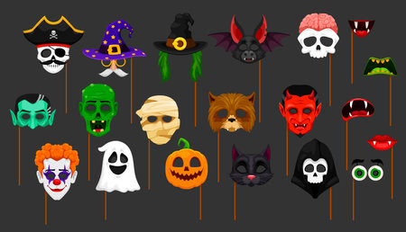Halloween photo booth masks and props, isolated cartoon vector faces, hats, eyes and mouths. Witch, pumpkin, bat, devil, skull and zombie with ghost, monster brain and clown and mummy with black catのイラスト素材