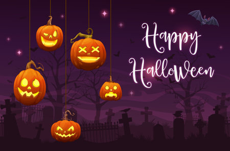 Cartoon hanging Halloween pumpkin lanterns on night cemetery. Trick or treat night holiday vector silhouettes of horror tombstone crosses, flying bats and creepy trees, graveyard fences and crowsのイラスト素材