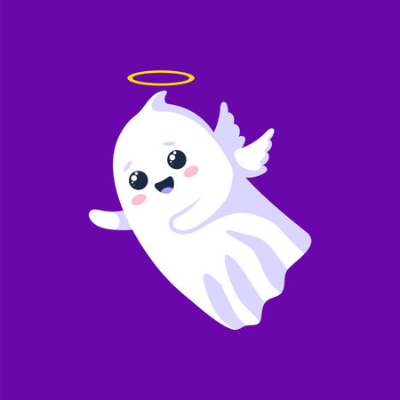 Halloween kawaii ghost angel character with white wings, halo, rosy cheeks, and an endearing smile. Isolated cartoon cute vector spook radiating a gentle and whimsical aura of innocence and sweetnessのイラスト素材