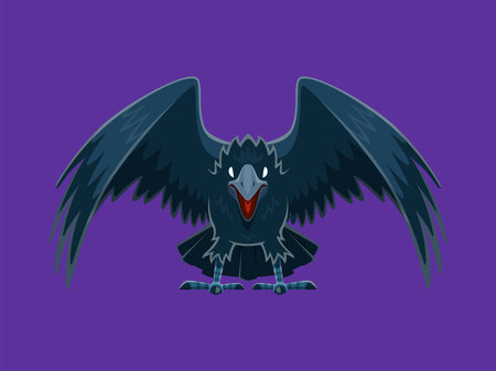Halloween witch raven, horror holiday monster for trick or treat night, cartoon vector. Happy Halloween holiday flying raven or witch bird with scary eyes and spooky grim for horror night celebrationのイラスト素材