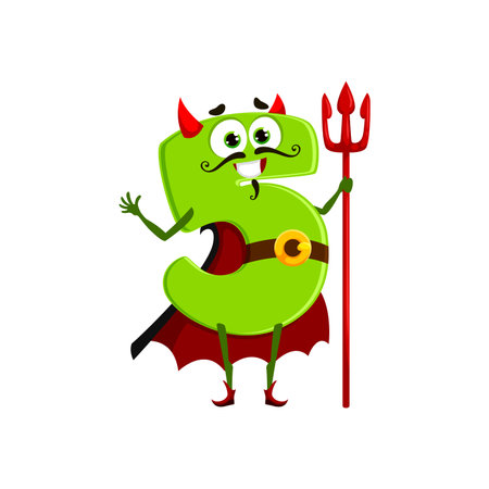 Halloween cartoon number 5 character in devil costume for holiday horror night, vector funny monster. Number five Halloween emoticon in costume with devil horns and trident for kids trick or treatのイラスト素材