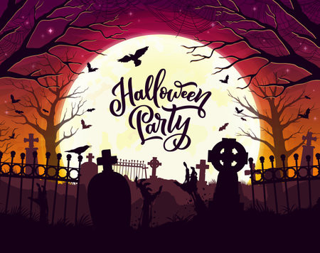 Halloween cemetery silhouette landscape with zombie hands and grave stones. Vector chilling scene with moonlit graveyard with tombstones and eerie arms rise from the ground, evoking creepy atmosphereのイラスト素材