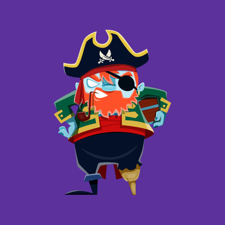Halloween zombie pirate character or horror night holiday monster, cartoon vector. Halloween celebration dead pirate with red beard, captain hat and wooden leg with smoking pipe and eyepatchのイラスト素材