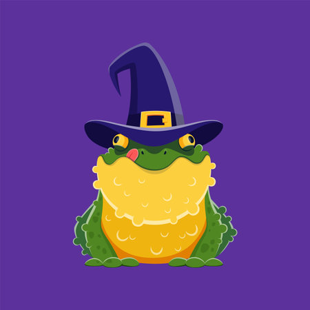 Halloween frog in witch hat for horror night holiday monster and trick or treat party, cartoon vector. Happy Halloween holiday spooky toad frog in witch hat for spooky night celebrationのイラスト素材