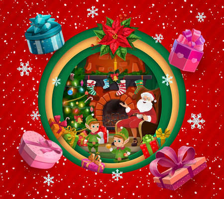 Cartoon Christmas paper cut banner with presents and snowflakes, Santa and elves near fireplace. Xmas holiday paper cut vector background with Santa funny character, Christmas stockings and giftsのイラスト素材