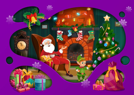 Christmas paper cut fireplace interior and Santa in chair. Vector double exposition 3d frame for xmas celebration with funny Father Noel and elf at home with decorated pine tree and gifts in eve nightのイラスト素材