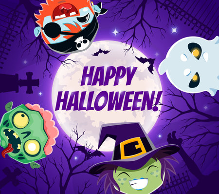 Halloween holiday characters on midnight cemetery vector background. Trick or treat spooky night ghost, witch, zombie and pirate monsters cartoon personages, horror graveyard, tombstone, moon and batsのイラスト素材
