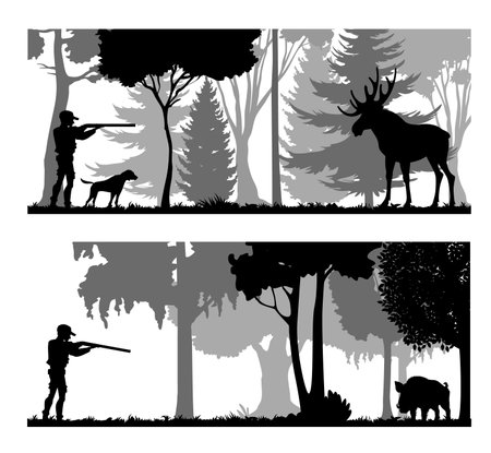 Hunter silhouette. Animal hunting trophy, forest hunting season, shooting hobby or sport vector background, scene or concept with hunter man aiming rifle or shotgun on moose and wild boar in forestのイラスト素材