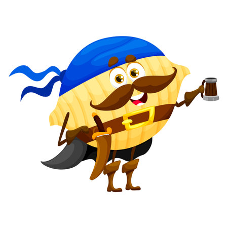 Cartoon conchiglie italian pasta pirate character. Italy cuisine meal filibuster comical personage, pasta buccaneer or conchiglie privateer isolated vector cute mascot with beer tankard and saberのイラスト素材