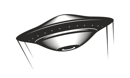 UFO flying saucer with trails icon, vector space, extraterrestrial life. Retro alien spaceship or fantasy galaxy starship of martian invaders. Futuristic UFO spacecraft and unidentified flying objectのイラスト素材