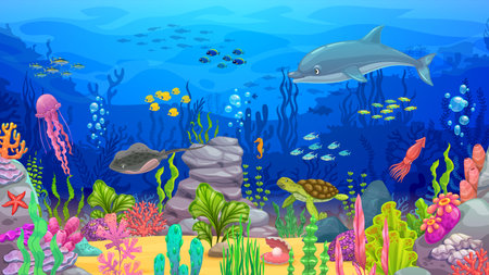 Cartoon ocean underwater landscape with dolphin, turtle and fish shoals, vector background. Jellyfish, squid and stingray between seaweeds in undersea coral reef landscape for arcade game levelのイラスト素材