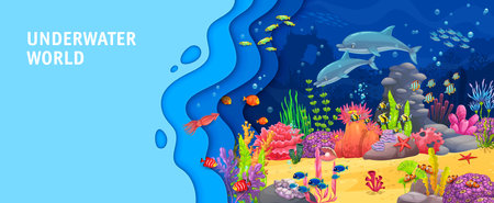 Landing page with cartoon dolphins in sea, paper cut underwater landscape, vector website template. Ocean or undersea papercut landscape background with coral reef fishes and seaweeds for landing pageのイラスト素材