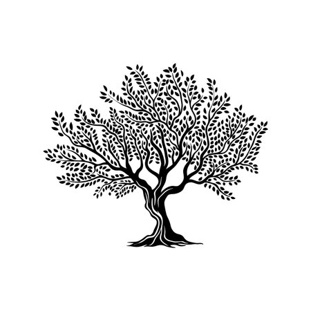 Olive tree isolated silhouette icon. Environment and ecology monochrome symbol, eco product or organic farm garden vector sign. Natural olive oil production symbol or icon with tree trunk and leavesのイラスト素材