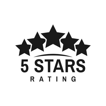 Five star rating icon, best award symbol. Product premium quality evaluation, business reputation evaluation or goods user ranking or rate vector symbol. Client review pictogram with black five starsのイラスト素材