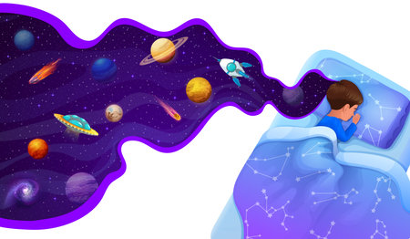 Sleeping kid in bed with galaxy space planets dream and rockets in sky, vector background. Boy sleep in bed with stars constellation and dreaming of spaceship and alien UFO in galactic fantasy worldのイラスト素材
