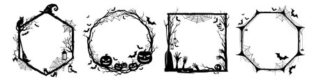 Halloween holiday black frames set. Trick or treat scary silhouettes vector borders with horror pumpkins, bats, witch hat and cat. Cobweb, cemetery tombstones, zombie hand and skull frames templatesのイラスト素材