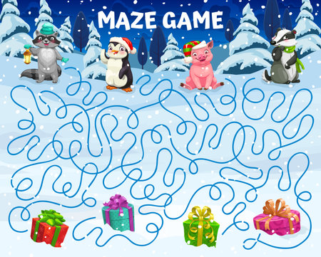 Christmas labyrinth maze game. Cartoon animal characters and presents on snow children puzzle quiz. Winter holiday vector worksheet, help to Xmas personages find way to gifts, penguin, pig and raccoonのイラスト素材
