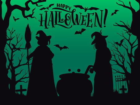 Halloween landscape, witch silhouettes with cauldron on cemetery. Vector holiday banner with bewitching spooky hag shadows stirring pot and cooking brew on graveyard with mysterious green eerie lightのイラスト素材