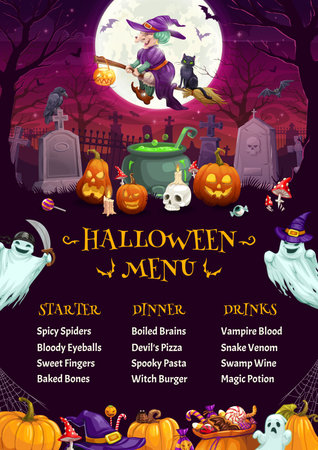Halloween holiday menu vector template with cartoon ghosts, witch and pumpkin characters on cemetery landscape background. Trick or treat horror night monsters personages, restaurant menu flyerのイラスト素材