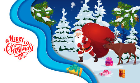 Christmas paper cut cartoon Santa with gifts bag and deer in snowy forest. New Year, Christmas paper cut vector banner or backdrop. Winter holiday 3d background with cartoon Santa, reindeer charactersのイラスト素材