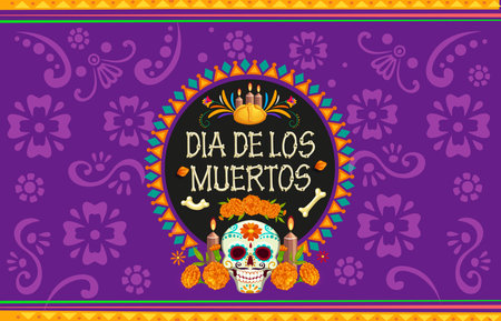 Day of the Dead Dia De Los Muertos mexican holiday banner with vector skull and marigolds. Mexico Halloween altar offerings in ethnic pattern frame. Cartoon sugar skull, flowers, candles and breadのイラスト素材
