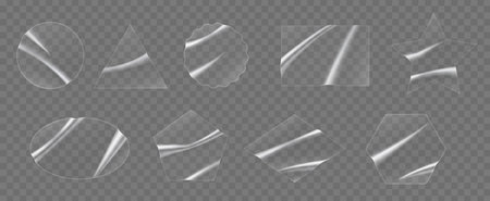 Realistic adhesive overlay patches and transparent plastic stickers, vector sticky film labels. Adhesive patches in circle oval, star or square and triangle or rectangle transparent sticker foil patchのイラスト素材