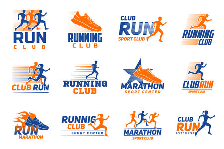 Marathon run sport icon with vector athletes runners. Color silhouettes of running man and woman, sneakers and star isolated symbols of jogging, running, marathon or sprint, foot race competition signのイラスト素材