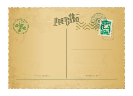 Saint Patrick day antique postcard, retro postage stamps and vintage mail, vector background. Irish holiday St Patrick day postcard with luck clover shamrock for Ireland holiday greeting post cardのイラスト素材