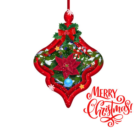 Christmas paper cut card with poinsettia and bauble decorations. Vector double exposition 3d effect frame in shape of Xmas toy with red flower and green pine tree branches, snow, candy cane and starのイラスト素材