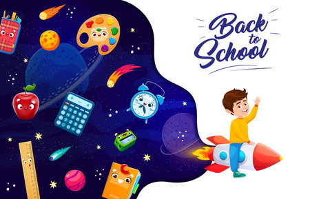 Cartoon kid boy on space rocket in starry galaxy with school supply characters, vector background. Back to school poster with kid spaceman in outer space with school book, ruler, eraser and calculatorのイラスト素材
