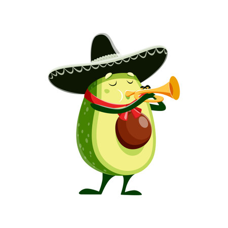 Cartoon kawaii Mexican avocado character in sombrero with trumpet, vector kids personage. Funny cute avocado playing mariachi music for Mexico holiday or fiesta party, cheerful avocado characterのイラスト素材