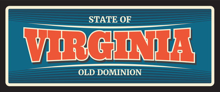 Vintage travel plate, USA state sign of Virginia, American tourism plaque. State of old dominion, retro postcard with Richmond, Virginia Beach lettering, Southeastern United States signのイラスト素材