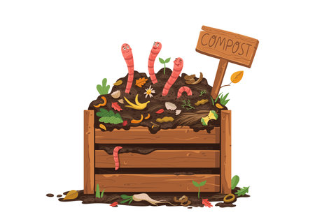 Cartoon funny earth worms in wooden compost box with soil ground, vector organic garbage poster. Earthworms in farm garden box with compost soil, bio compostable wastes and natural agricultureのイラスト素材