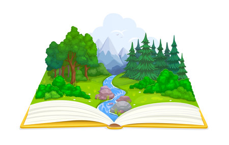 Opened book with forest and river, meadow and blue mountains. Vector nature landscape of cartoon green trees, plants and grass, water streams and rocks on pages of adventure storybook, reading themesのイラスト素材
