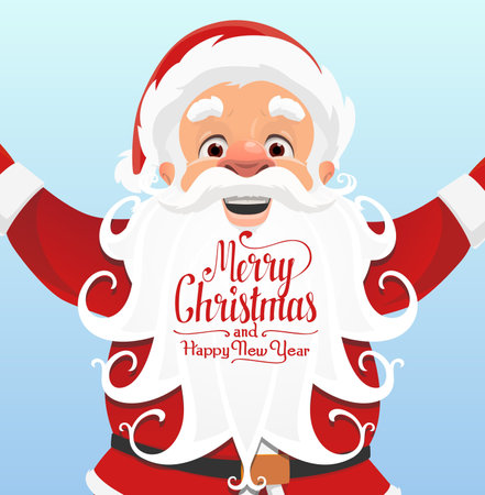Cartoon Santa character with curly white beard. Merry Christmas or Happy New Year celebration vector poster or banner, winter season holiday flyer with cheerful, happy smiling Santa Claus personageのイラスト素材