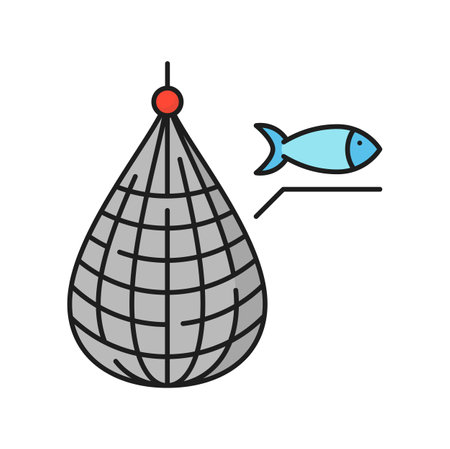 Fishing industry trawler net and fish line icon. Aquaculture catch technology, seafood production or fishing industry equipment, fisher boat or ship net full of fish thin line vector icon or pictogramのイラスト素材