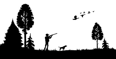 Hunting silhouette. Hunter with shotgun, dog and duck flock. Forest hunting scene, animal hunter sport or bird shooting hobby vector backdrop, duck hunt season wallpaper or backgroundのイラスト素材