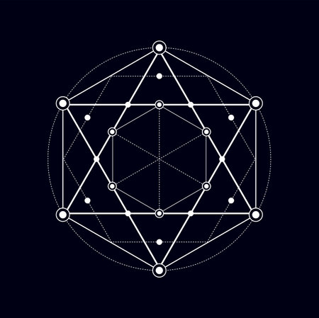 Esoteric myth and meditation pentagram, mystic sacred geometric sign, bohemian esoteric symmetrical magic symbol. Vector mystical tribal connected shapesのイラスト素材