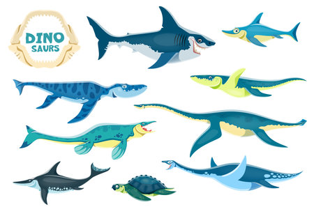 Cartoon aquatic dinosaurs cute characters. Megalodon Ophthalmosaurus, Liopleurodon, Kronosaurus and Tylosaurus, Plesiosaurus, Ichthyosaur and Archelon, Elasmosaurus marine dinosaur vector personagesのイラスト素材
