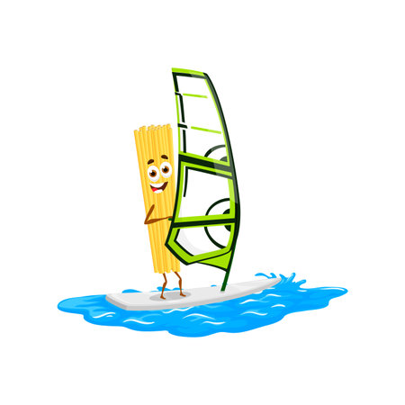Cartoon spaghetti pasta character riding wave with sailboard. Cuter surfer noodle vector personage on summer beach vacation. Funny italian spaghetti food character surfing on sea and ocean water wavesのイラスト素材