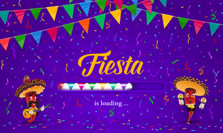 Mexican fiesta holiday party loading. Mexico culture event greeting vector banner with chili mariachi musicians funny characters playing on guitar and maracas, garland, confetti and loading barのイラスト素材