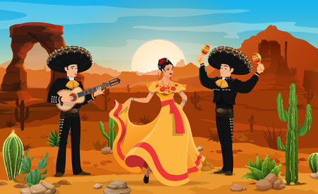 Mexican mariachi musicians and woman dancer at desert landscape. Mexican culture motif vector background with flamenco dancer and musicians cartoon characters playing guitar and maracas in desertのイラスト素材