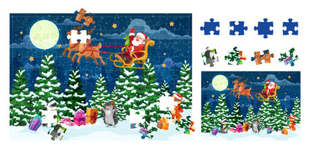 Christmas jigsaw puzzle game pieces. Cartoon vector educational worksheet for preschool children with funny Santa Claus riding deer sleigh over night fantasy forest with gifts on snow and animalsのイラスト素材