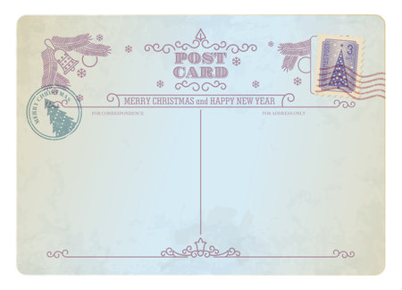 Christmas antique postcard, retro postage stamp on vintage mail. Happy New Year and Merry Christmas greeting or invitation card, vintage postcard template, nostalgic paper letter with postal stampのイラスト素材