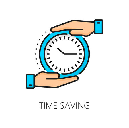 Time saving, CMS content management system icon, digital media service optimization, vector line pictogram. CMS and time management, clock in hands icon for work efficiency and media administrationのイラスト素材