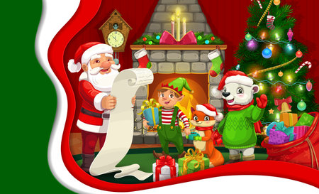 Winter christmas paper cut banner with animal characters, fireplace interior and santa with wish list. Vector 3d layered frame, xmas celebration with funny Father Noel and elf, squirrel and polar bearのイラスト素材