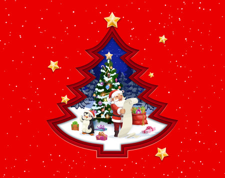 Christmas paper cut tree and winter landscape. Vector 3d double exposition frame in shape of pine with Father Noel reading wish list, gifts and funny penguin at holiday eve in night forest with decorのイラスト素材