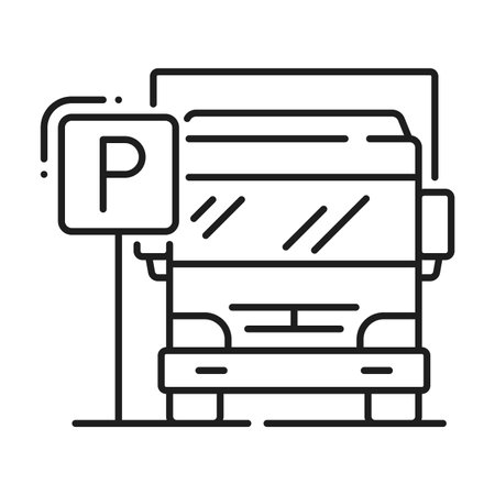 Truck parking line icon, garage service or cars park valet symbol in vector outline. Parking sign for cargo vehicle transport or TIR lorry parking lot, garage zone location pointer outline pictogramのイラスト素材