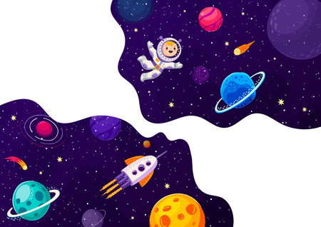 Space banner, cartoon astronaut and starship in galaxy space planets, vector background. Kid spaceman and spaceship in outer space, galaxy world with rockets in galactic starry sky and alien planetsのイラスト素材