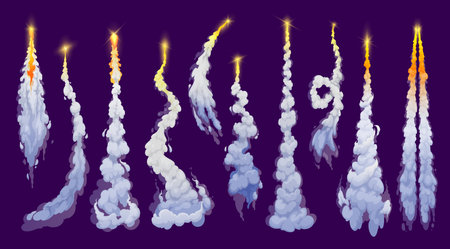 Cartoon rocket smoke trail, missile flight path with fire flame or blast jet, vector plane launch effects. Rocket engine smoke trail or cloud steam of spaceship, spacecraft or ballistic rocketのイラスト素材